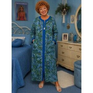 Collections Etc Blue Floral Zip Front House Dress Robe XL Long Lounge Pocket Zip